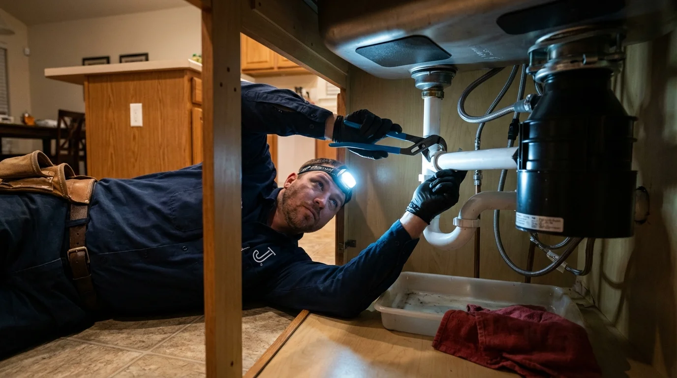 P-trap and supply line connections under a kitchen sink showing a common leak point in Riverton, NJ